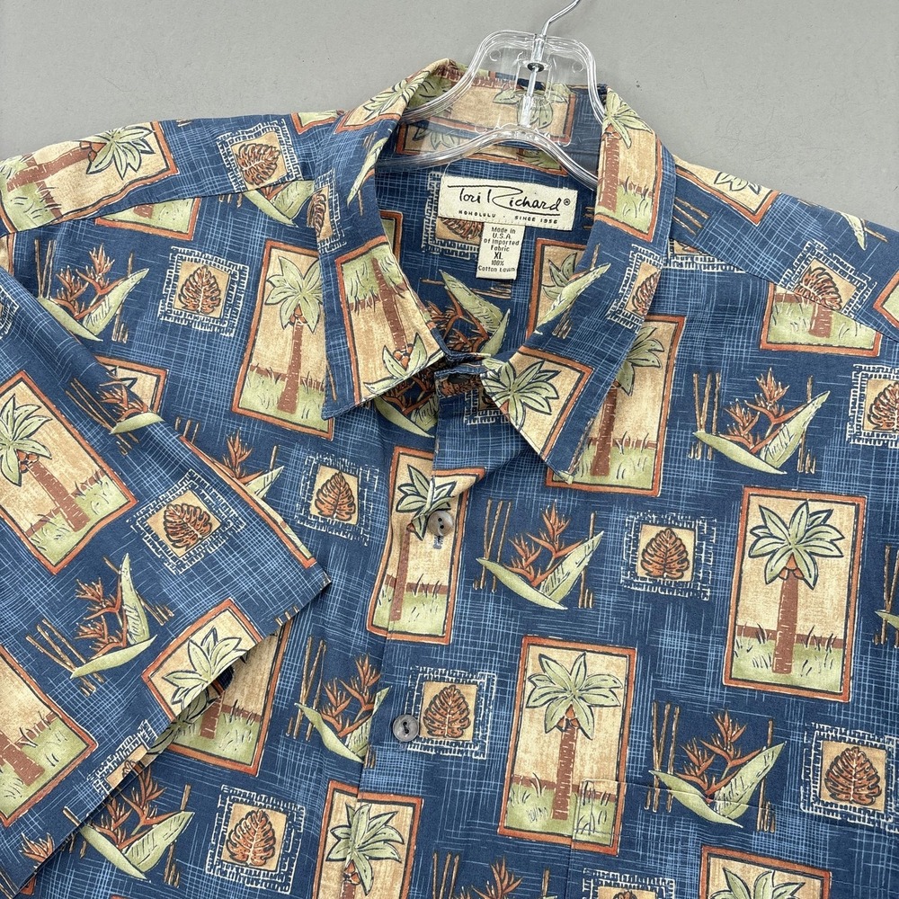 Tori Richard Shirt Mens XL Blue Tropical Palm Tree Cotton Lawn Hawaiian Aloha